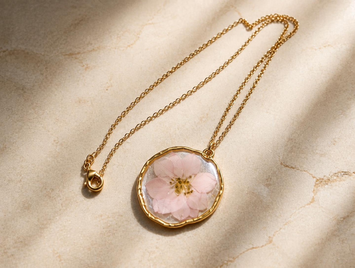 Florève necklace/Blossom lace - Anti-tarnish circle pendant with golden chain