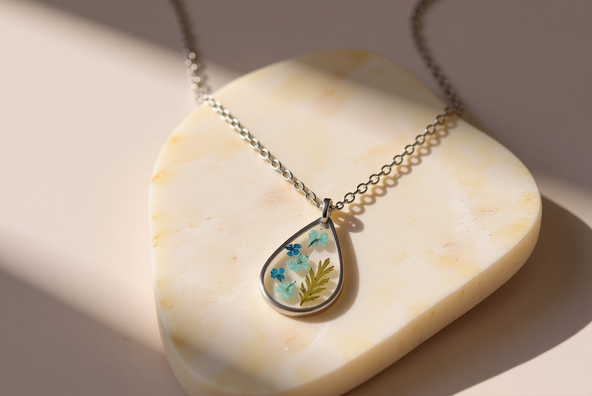 Florève necklace/ Blue petal - Anti-tarnish teardrop pendant with silver chain